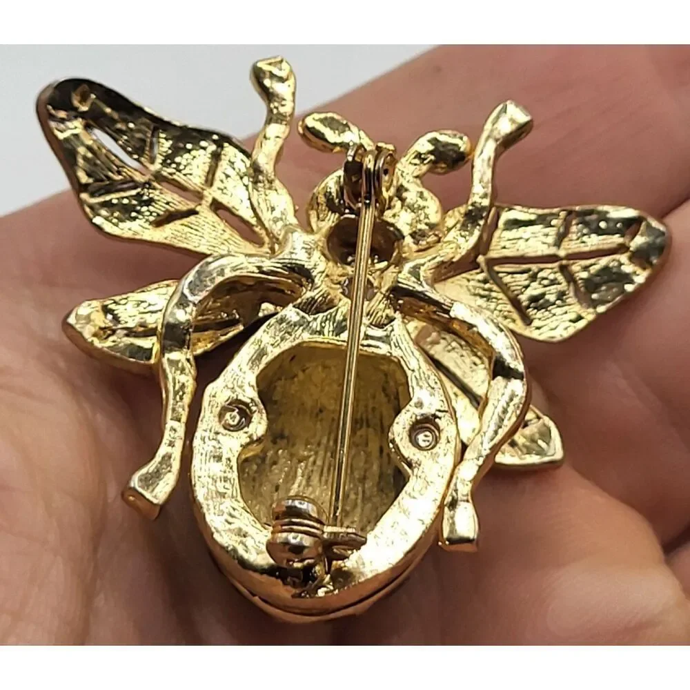 Gold-Plated Bee Brooch Brown Black Enamel Stripes Clear Crystal Rhinestones 1.5